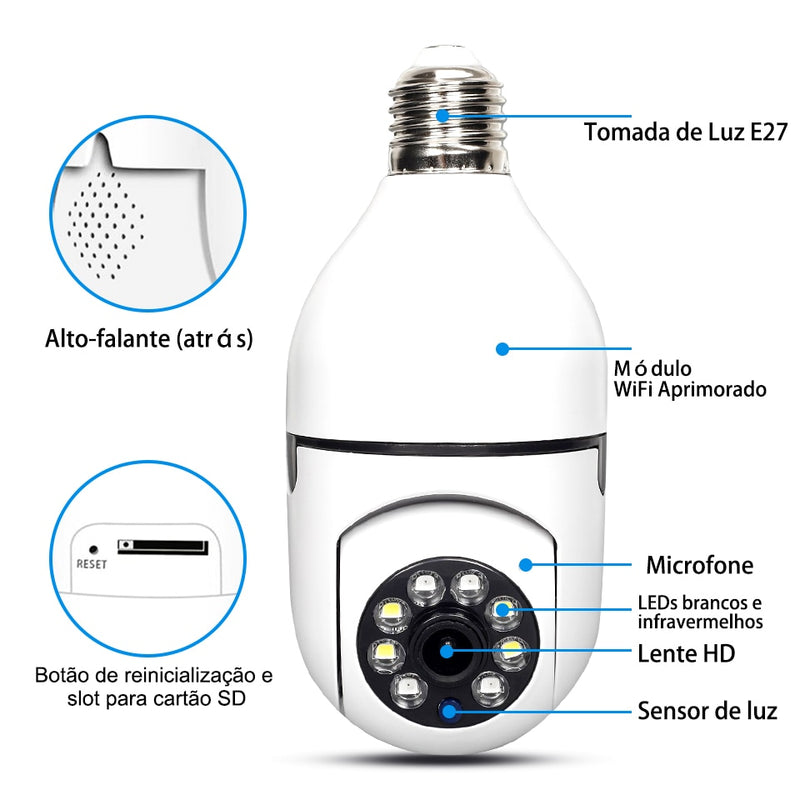 Lâmpada Espiã Full HD 1080p  Wi-Fi Integrado